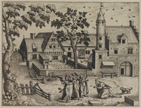 TvB G 0548
<br/>
Hieronymus knielt voor drie engelen (uit een serie van 16 "landschappen")
<br/>
<em>Cock, Hieronymus (1510 - 1570)</em>